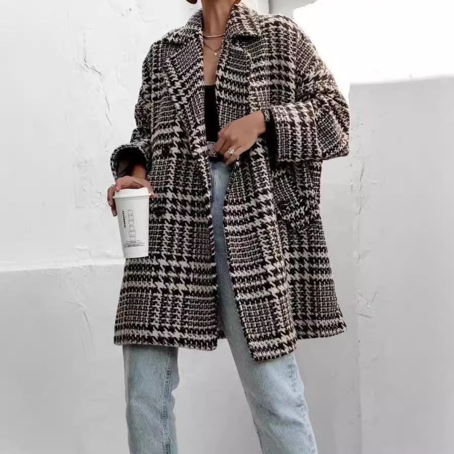 Women Clothing Autumn Winter Arrival Thick Loose Plaid Woolen Houndstooth Women Coat Apricot