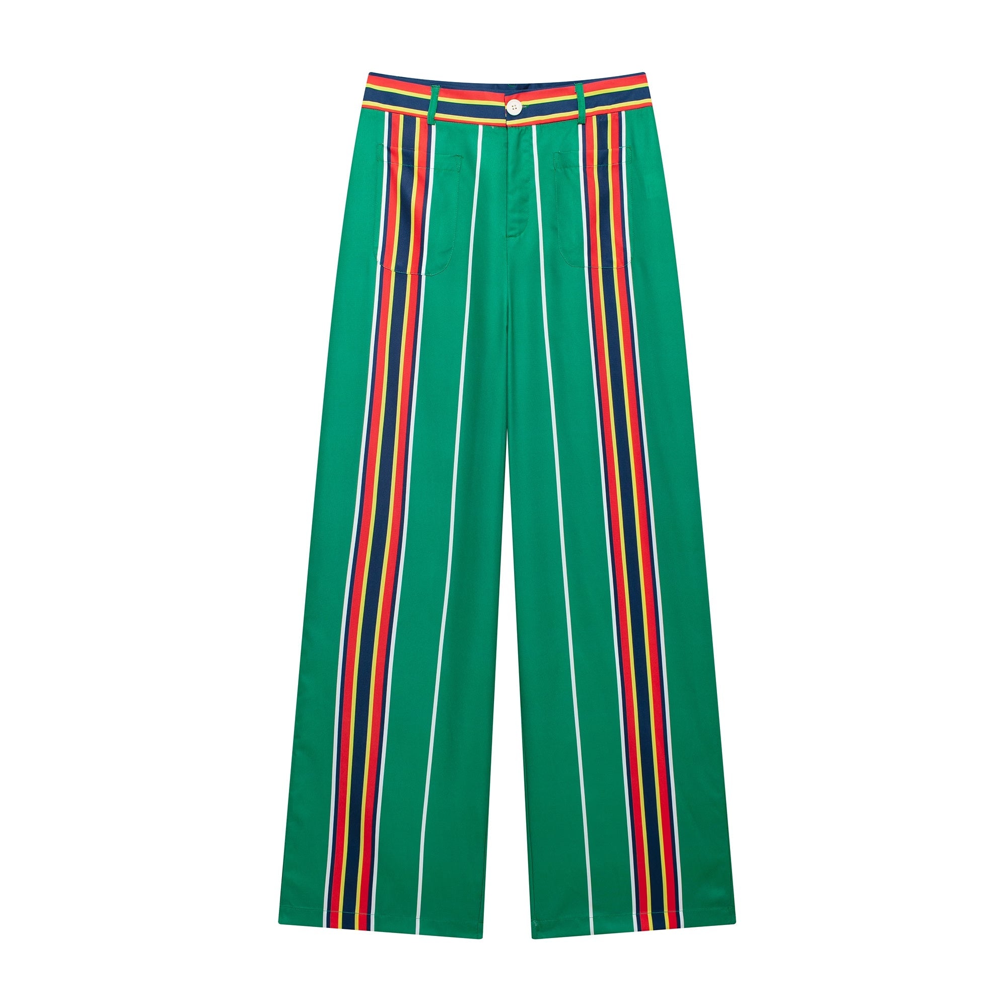 Women Clothing Autumn Winter Positioning Printing Stripes Straight Leg Pants Green