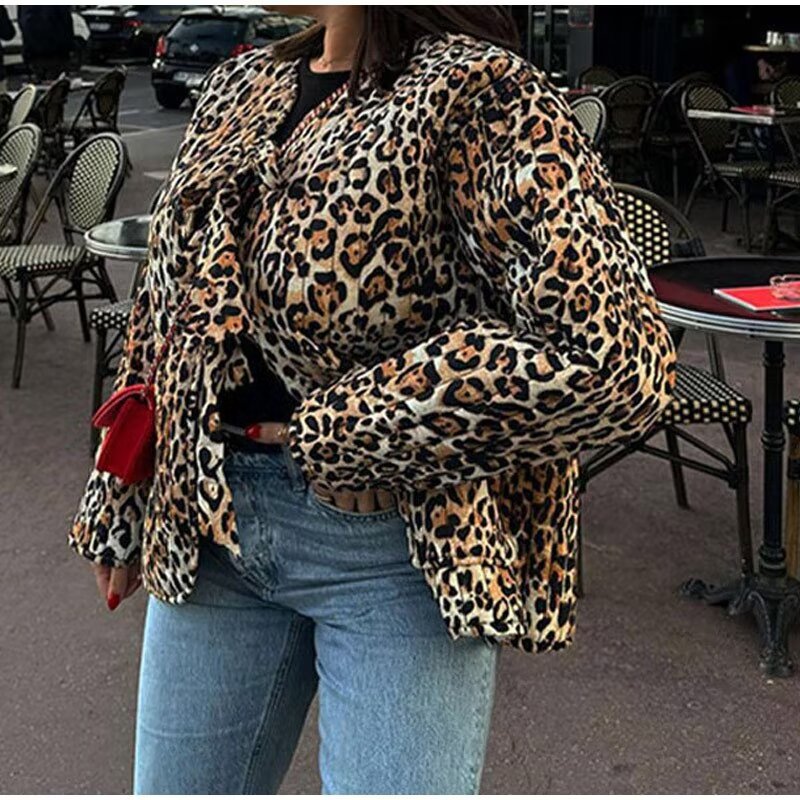 Women Clothing Autumn Winter Round Neck Animal Pattern Printing Lace Up Long Sleeve Cotton Coat Jacket