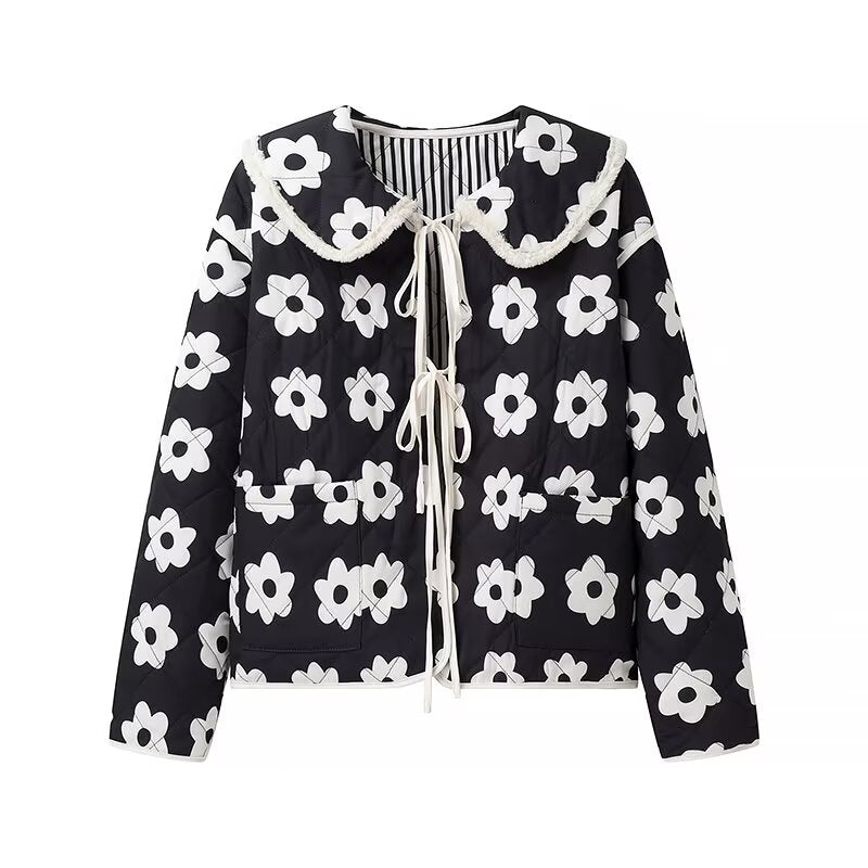 Women Clothing Autumn Winter Collared Double Sided Printing Lace Up Peter Pan Collar Cotton Coat Jacket Floral Pattern