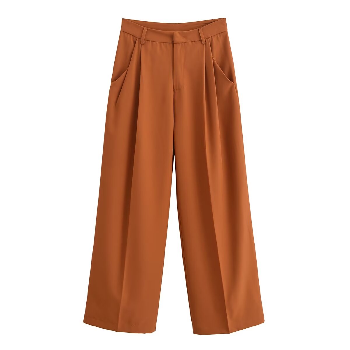 Women French Mid Waist Wide Faded Casual Trousers Orange