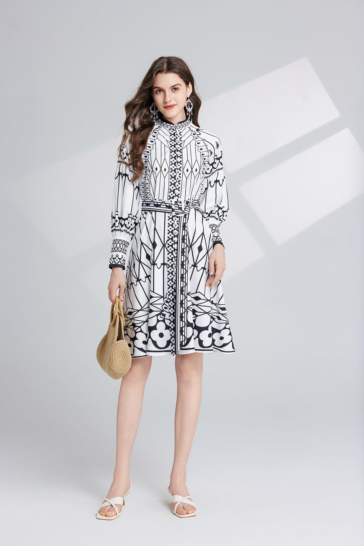 Women Spring And Autumn Long Sleeve Printed Stand Collar A Line Dress