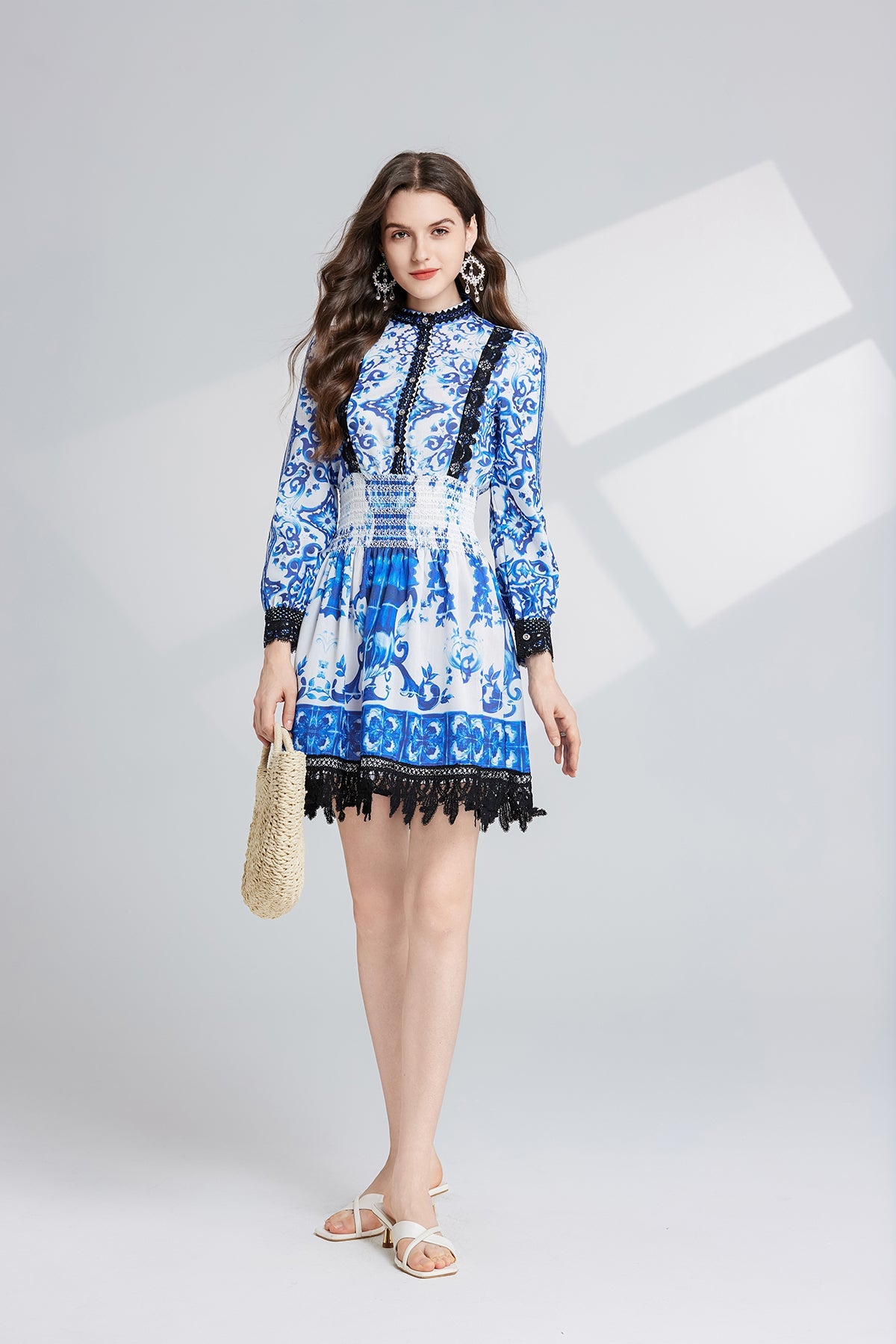 Women Spring And Autumn Long Sleeve Printed Stand Collar A Line Dress