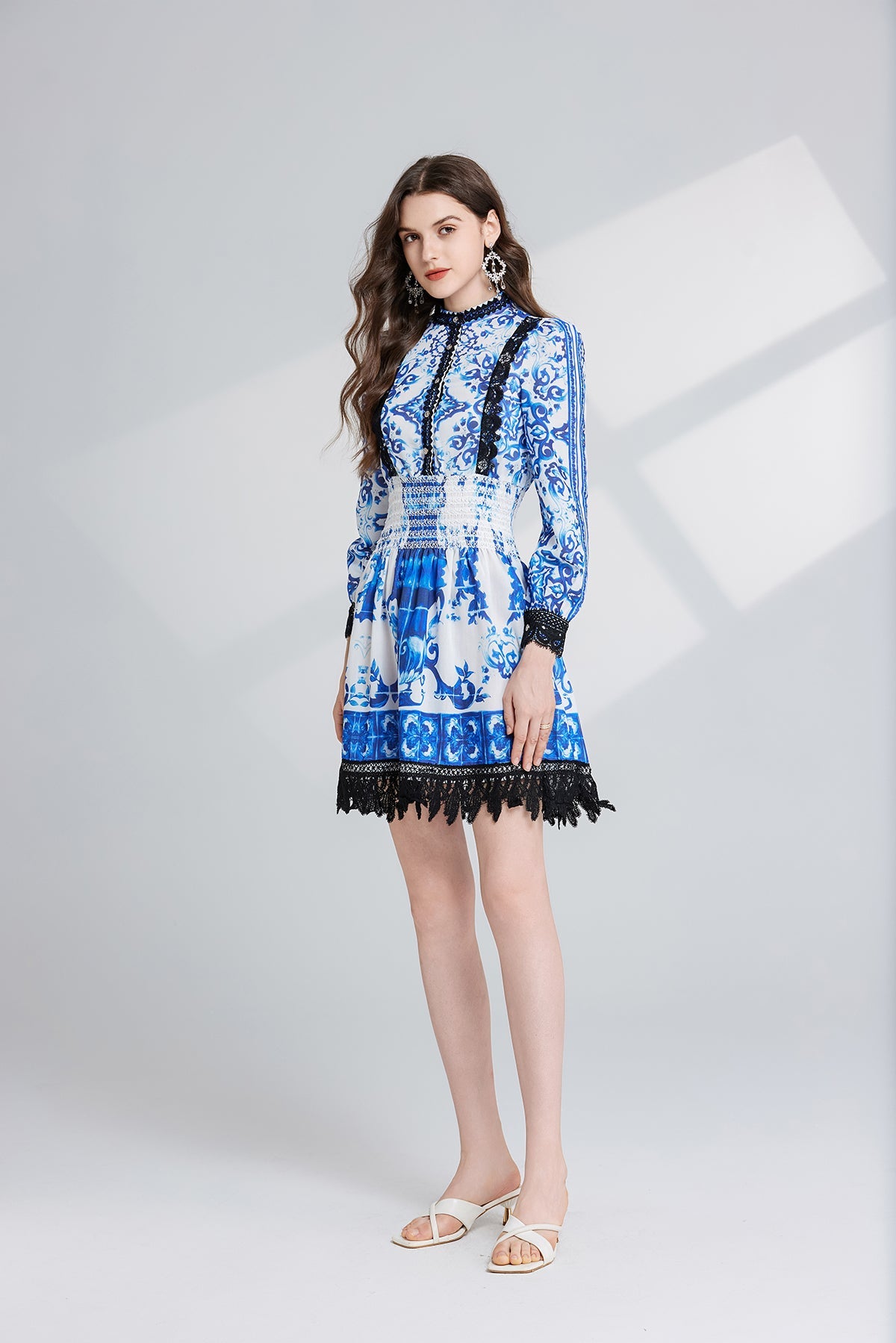 Women Spring And Autumn Long Sleeve Printed Stand Collar A Line Dress