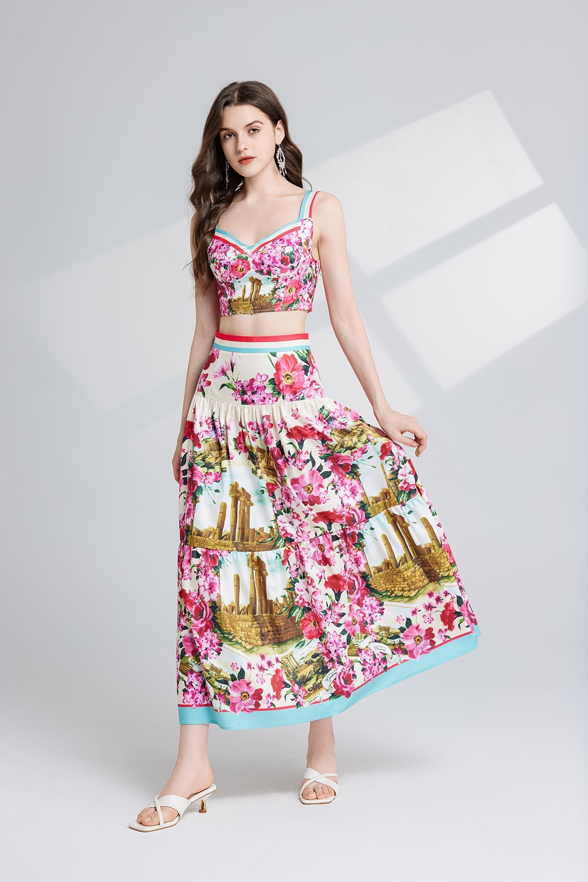 Women Strapless Halter High Waisted Skirt Two Piece Set Multi