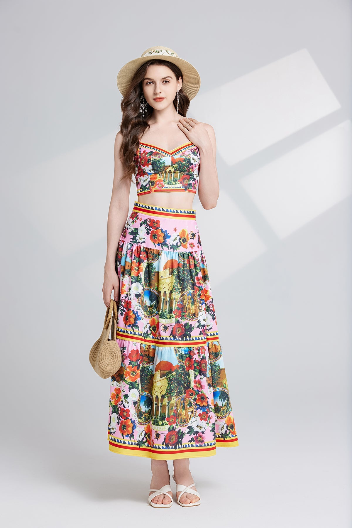 Women Summer High Waisted Zipper Skirt Two Piece Set Multi