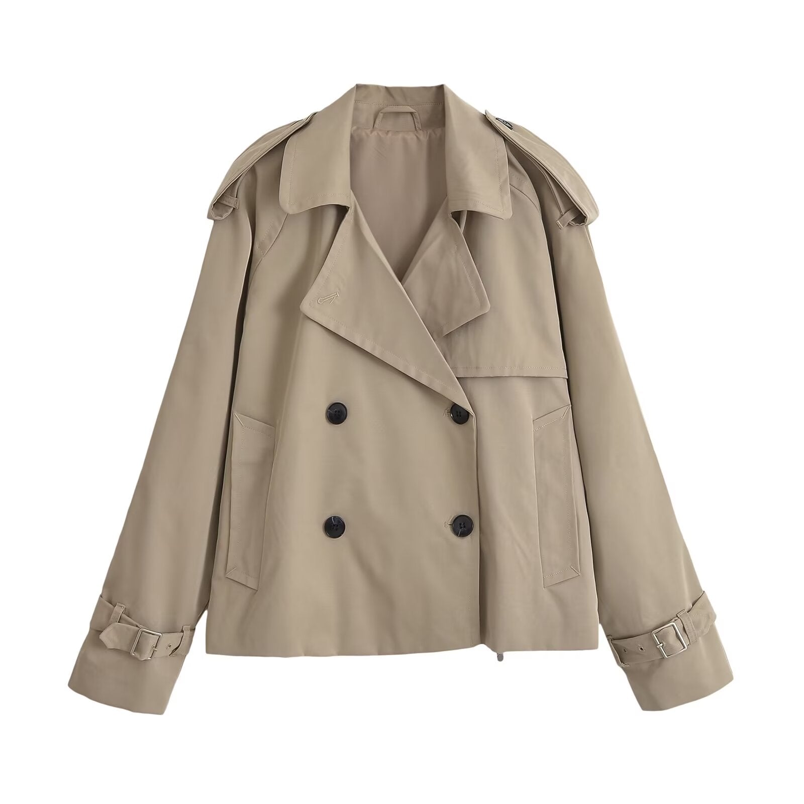 Women Clothing Western Classic Loose Lapels Short Trench Coat Khaki