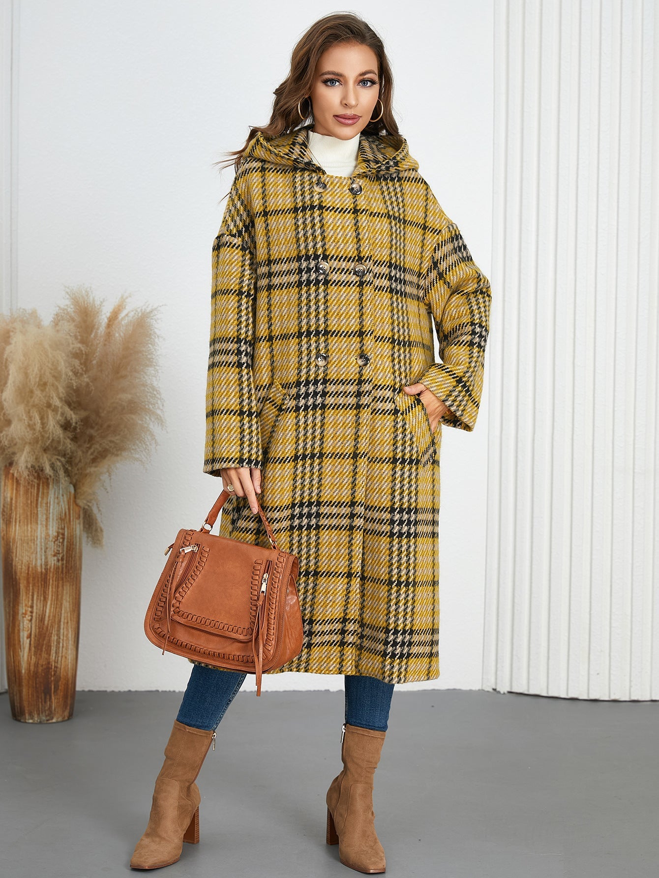 Winter Women Clothing Polo Collar Hooded Plaid Long Coat High Grade Double Breasted Overcoat