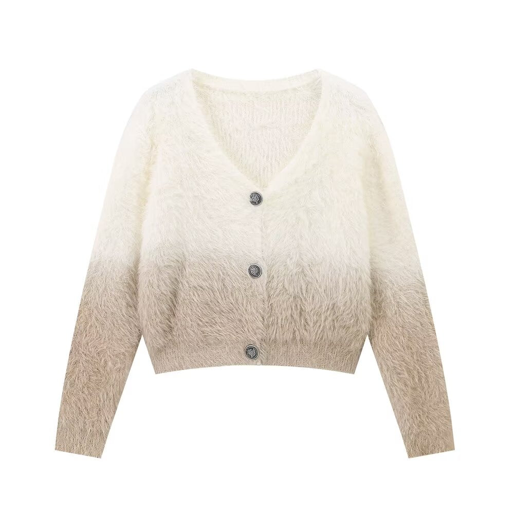 Women Clothing Autumn Winter Street V neck Casual Long Sleeve Knitted Open Khaki