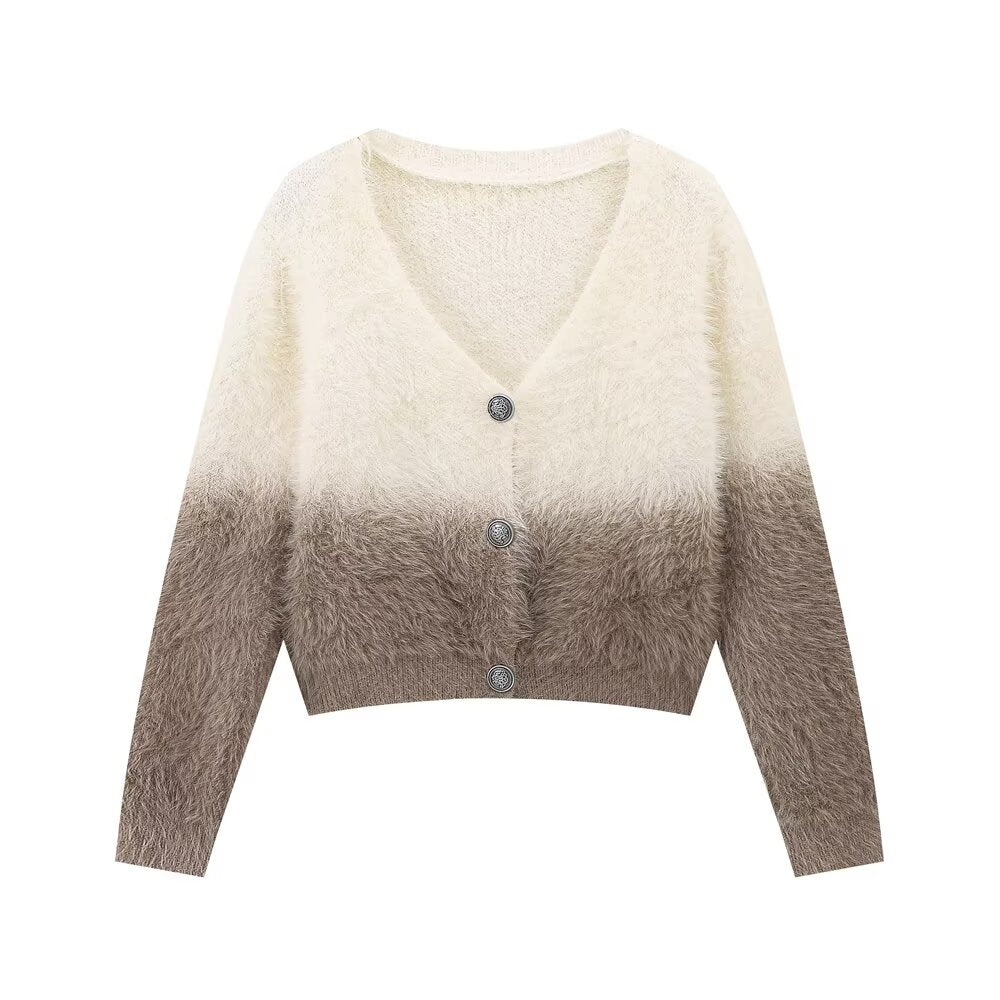 Women Clothing Autumn Winter Street V neck Casual Long Sleeve Knitted Open Brown