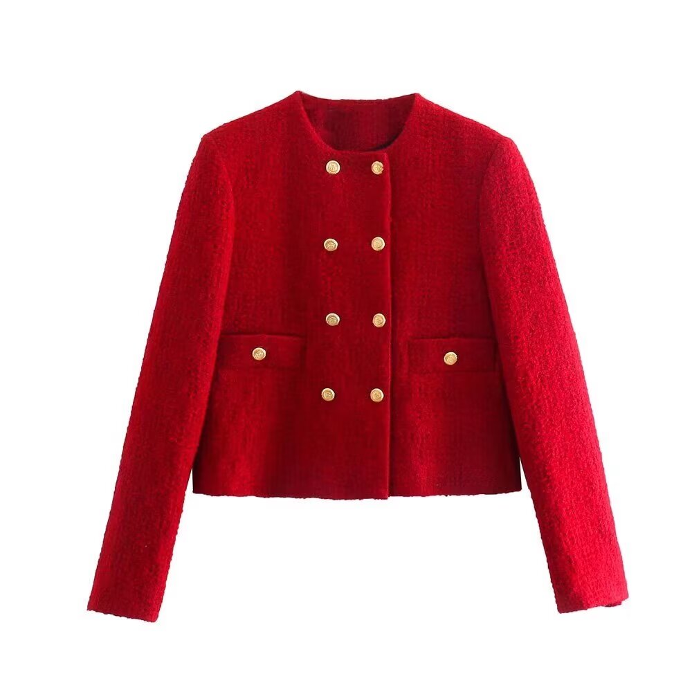 Women Clothing Autumn Winter Graceful Fashionable Texture Double Breasted Coat Red