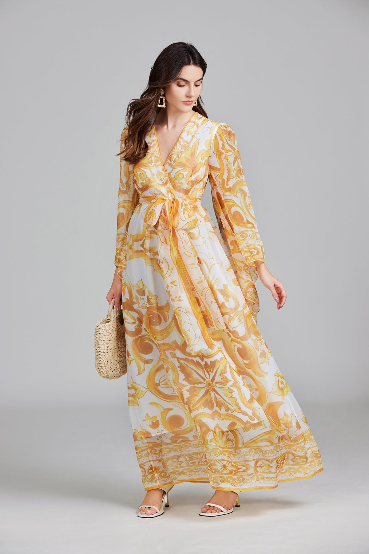 Women Spring And Autumn Belt Printed Long Dress