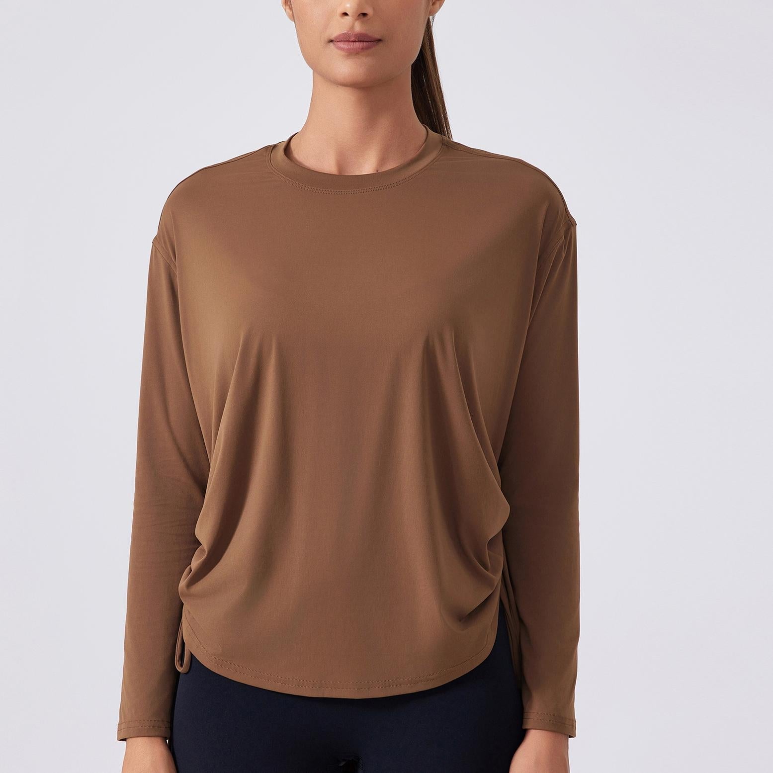 Yoga Wear Top Naked Women Sense Loose Long Sleeve T shirt Quick Drying Breathable Training Running Fitness Clothes Baked Brown