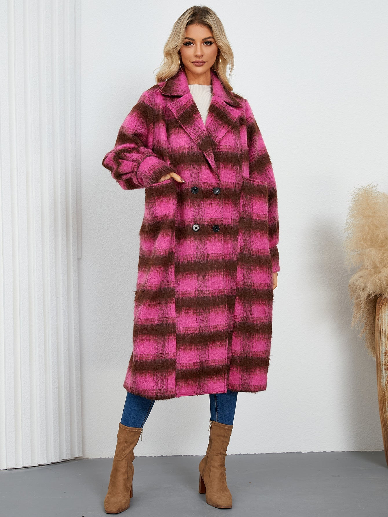 Women Casual Elegant Collared Double Breasted Woolen Coat Winter Long Sleeve Mid-Length Plaid Overcoat