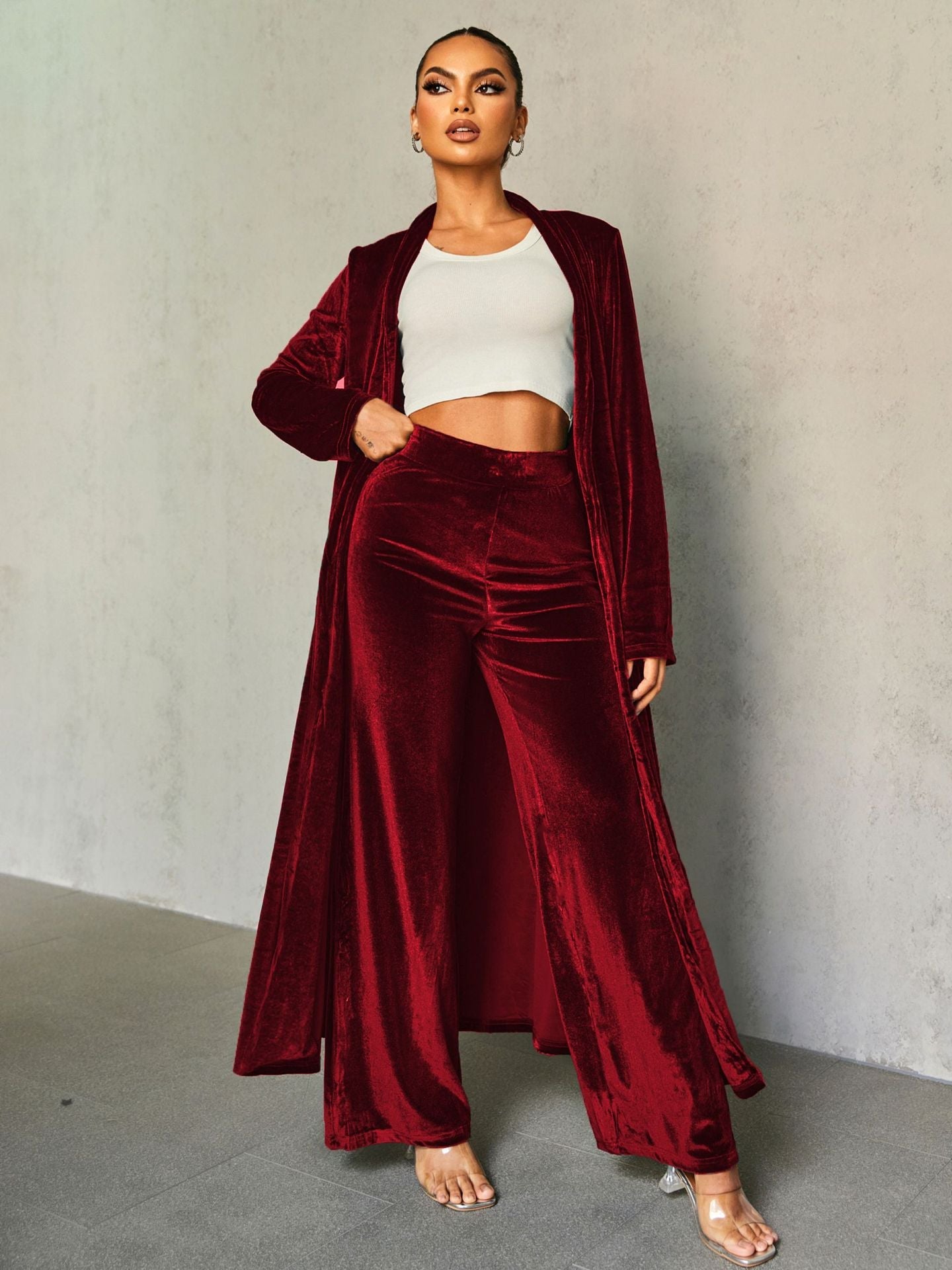 Women Clothing Autumn Winter Gold Velvet Solid Color Slim Trousers Cloak Two Piece Set Women