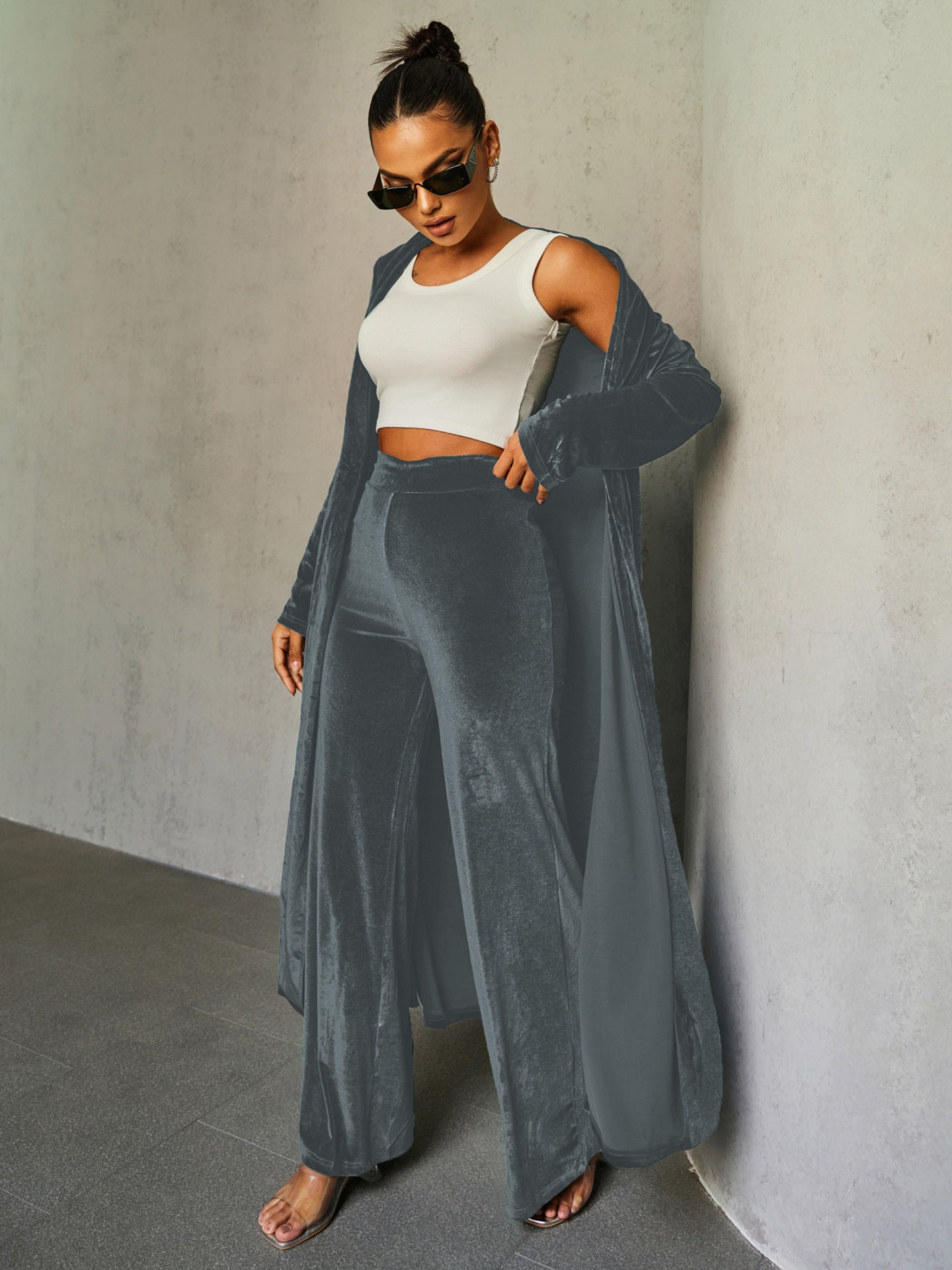 Women Clothing Autumn Winter Gold Velvet Solid Color Slim Trousers Cloak Two Piece Set Women Gray