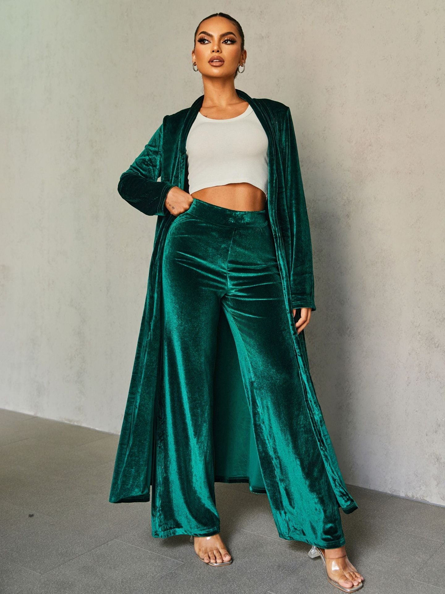 Women Clothing Autumn Winter Gold Velvet Solid Color Slim Trousers Cloak Two Piece Set Women Green