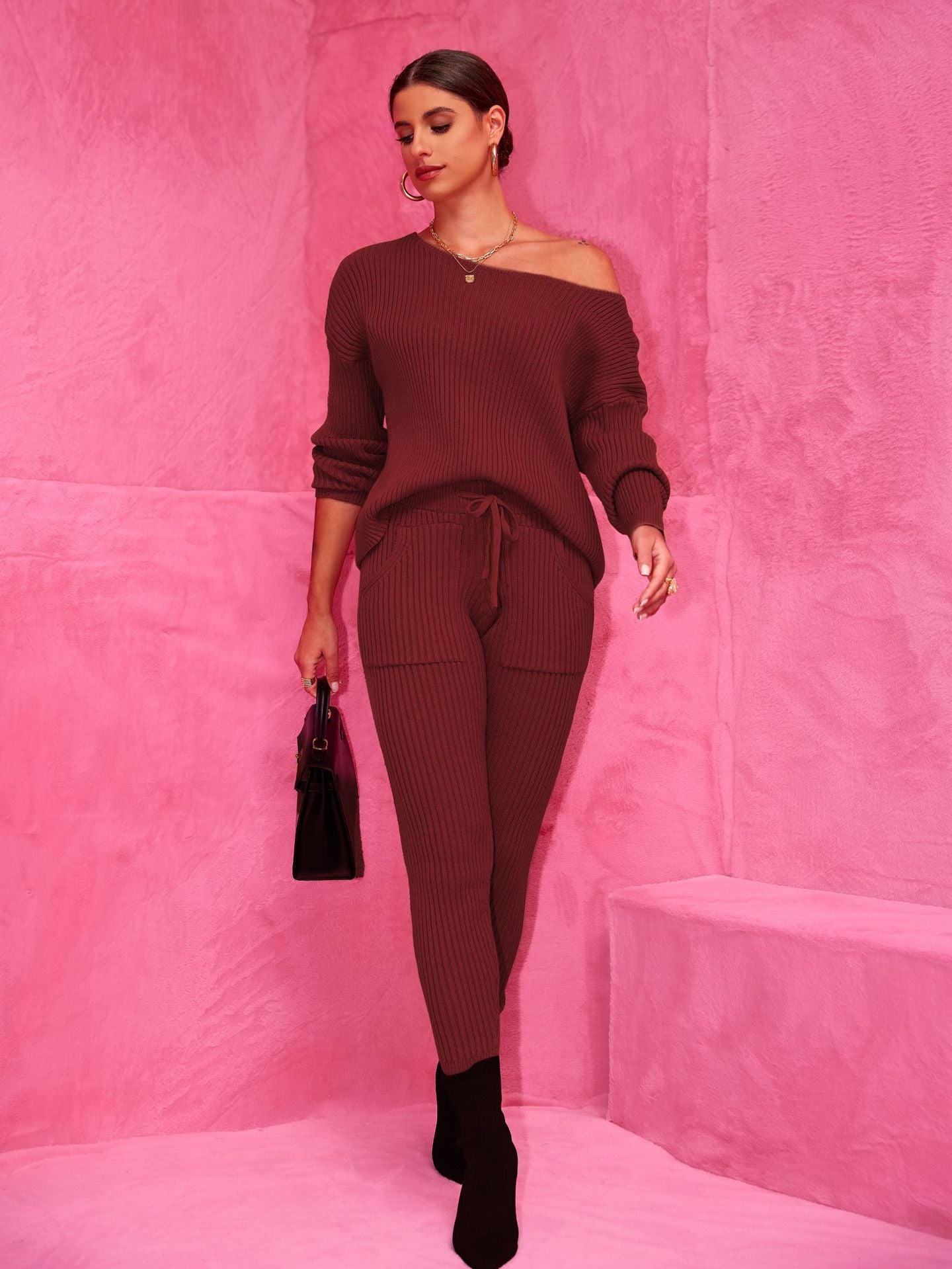 Supply Autumn Winter round Neck Woolen Trousers Long Sleeve Sweater Burgundy