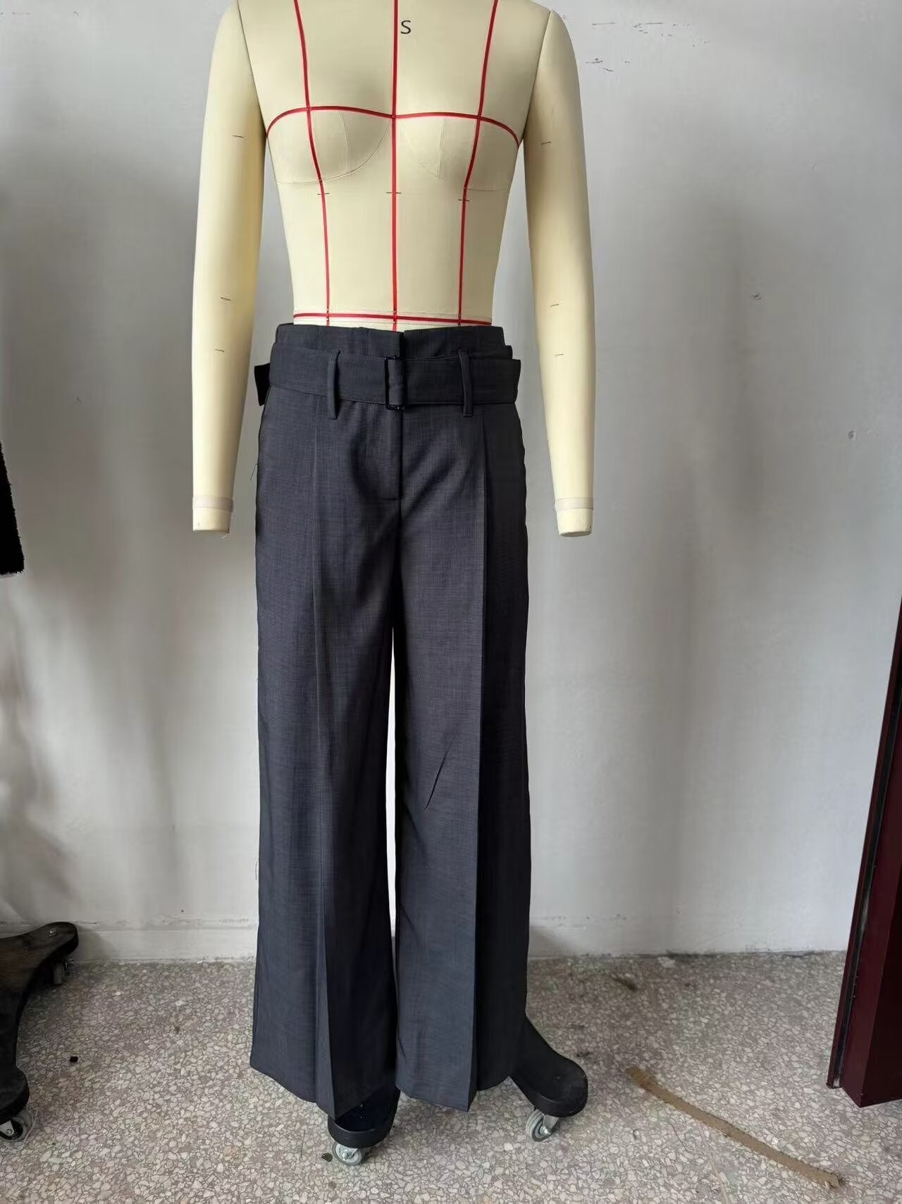 Women Clothing Autumn Winter Simple Office with Belt Loose Wide Leg Pants