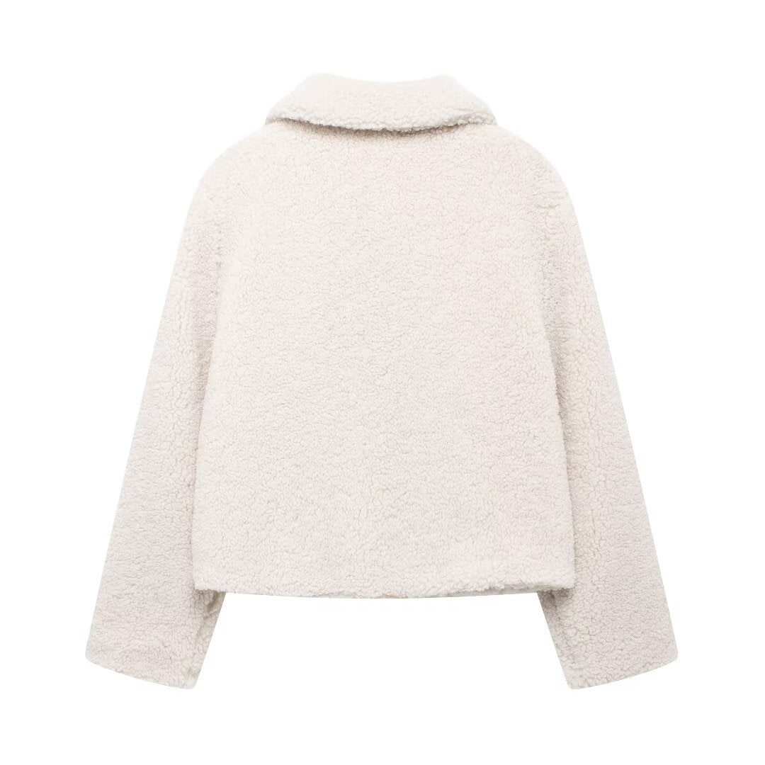 Women Casual Polo Collar Artificial Fur Sheepskin Short Coat