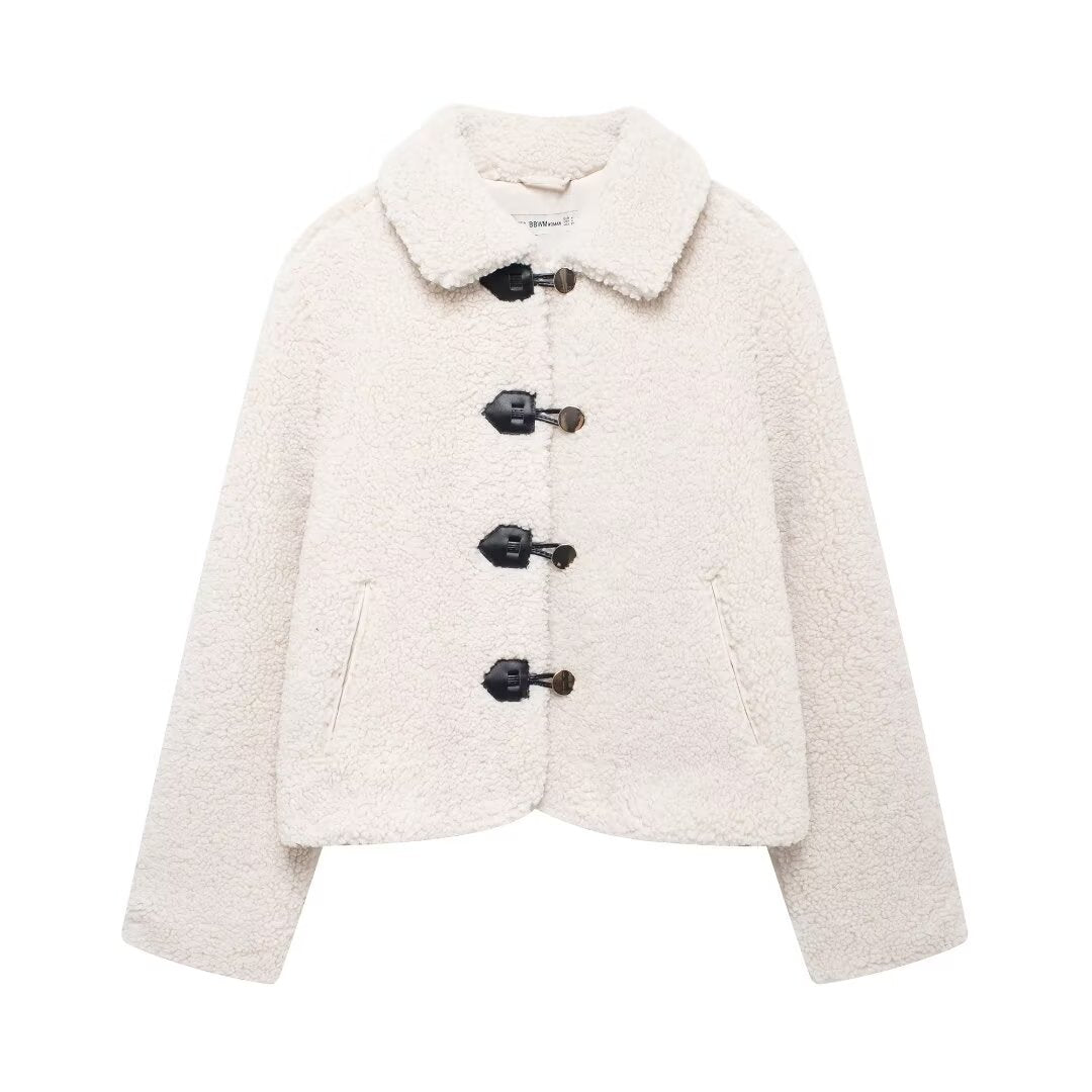 Women Casual Polo Collar Artificial Fur Sheepskin Short Coat