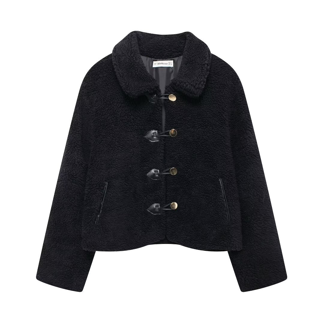 Women Casual Polo Collar Artificial Fur Sheepskin Short Coat Black