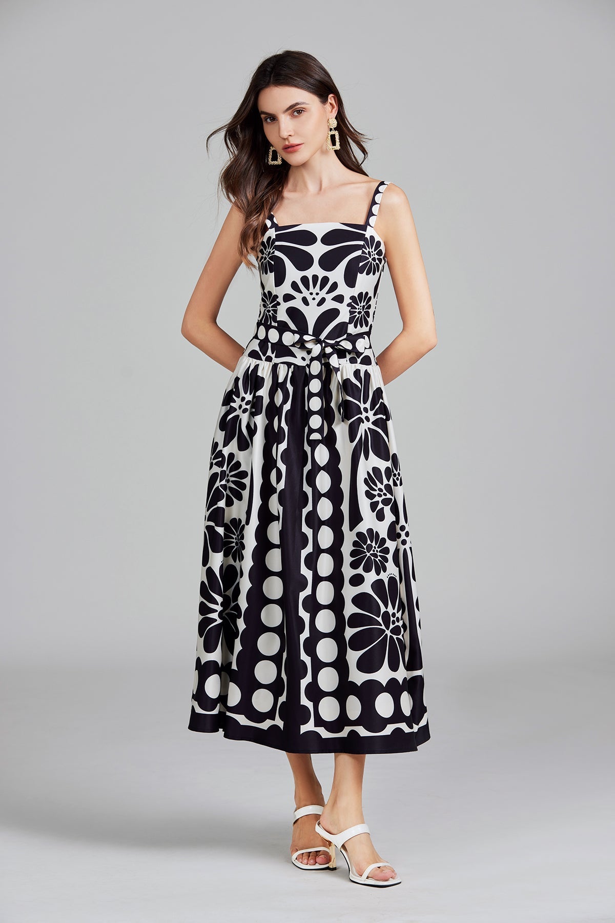 Women Summer Print Halter A Line Long Dress Black