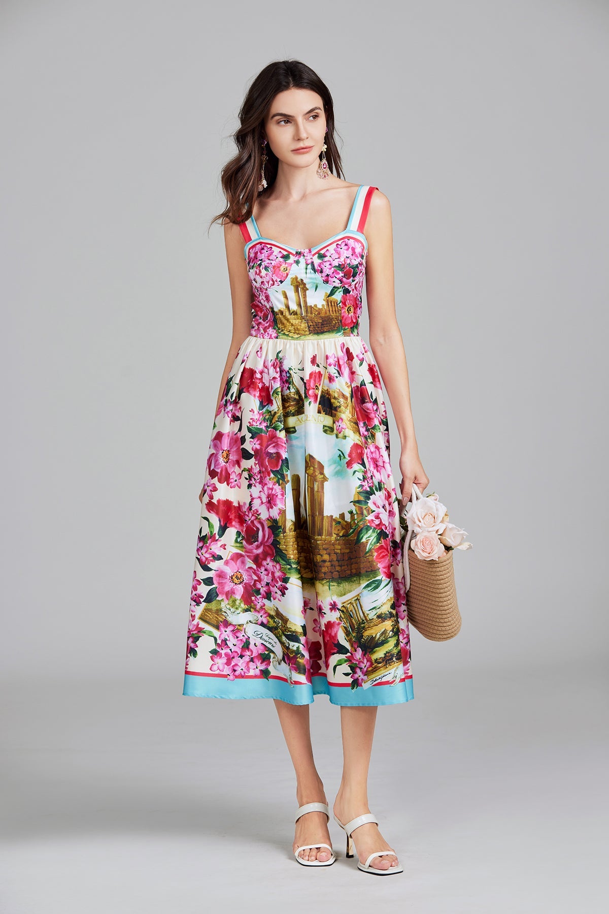 Women Summer Print Halter A Line Long Dress Multi