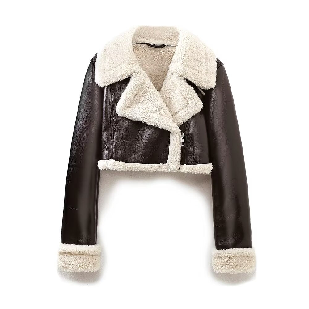 Winter Women Clothing Collared Faux Shearling Jacket Fleece Double Sided Short Jacket