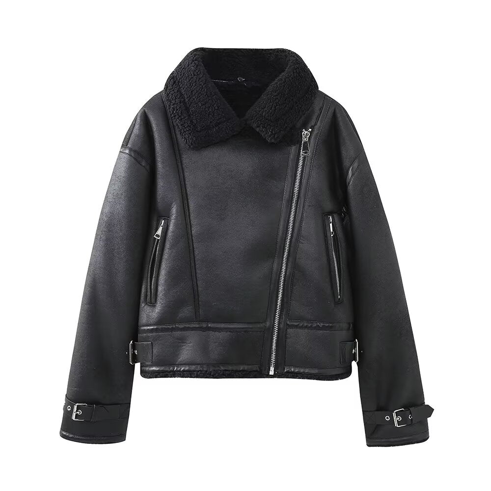 Women Clothing Autumn Winter with Belt Faux Shearling Jacket Double Sided Jacket Black