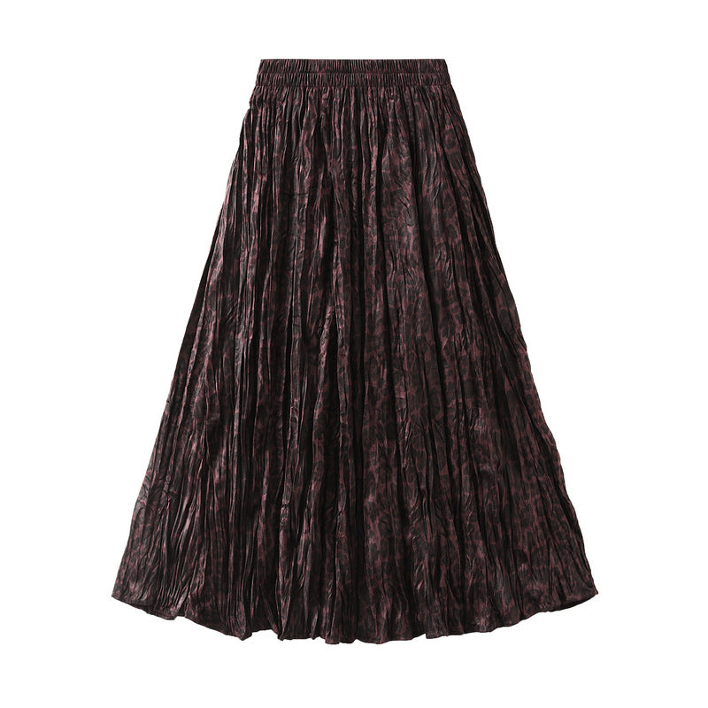 Vintage Leopard Print Velvet Pleated A line Skirt Women Brushed Long Skirt Loose Large Skirt Autumn Winter One Size Red Panther