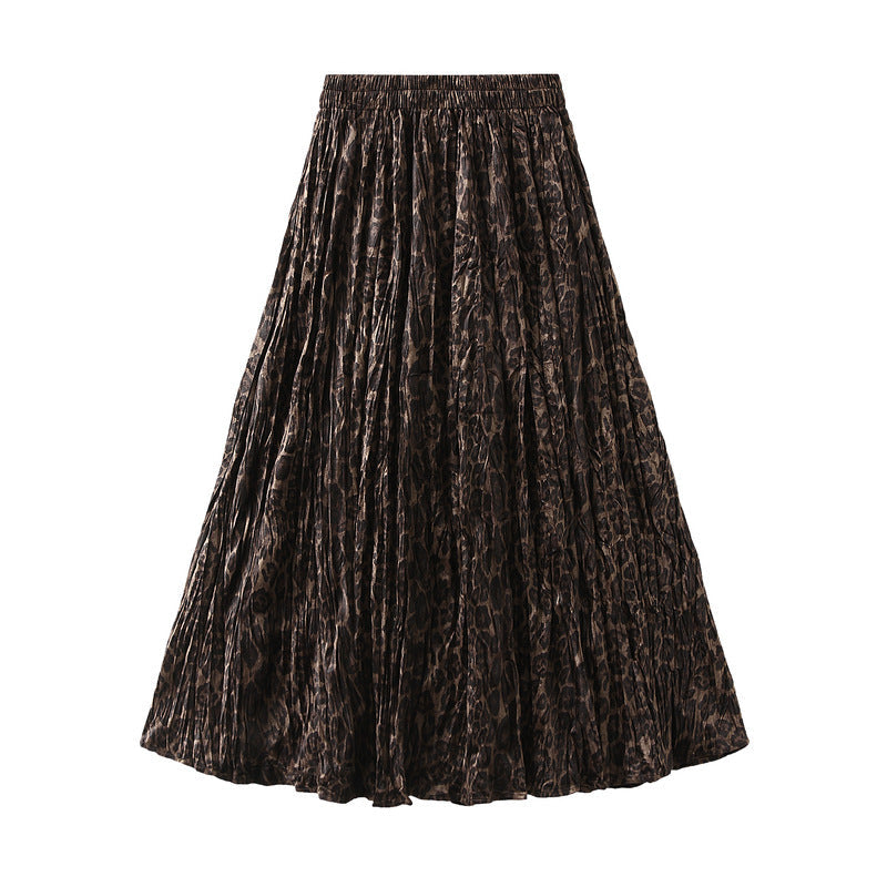 Vintage Leopard Print Velvet Pleated A line Skirt Women Brushed Long Skirt Loose Large Skirt Autumn Winter One Size Coffee leopard