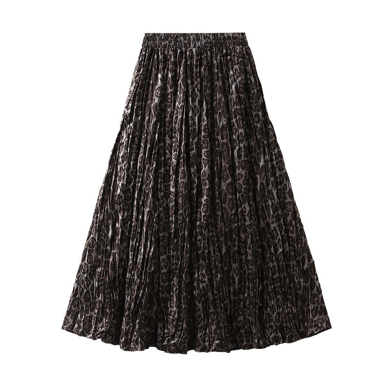 Vintage Leopard Print Velvet Pleated A line Skirt Women Brushed Long Skirt Loose Large Skirt Autumn Winter One Size Gray Leopard