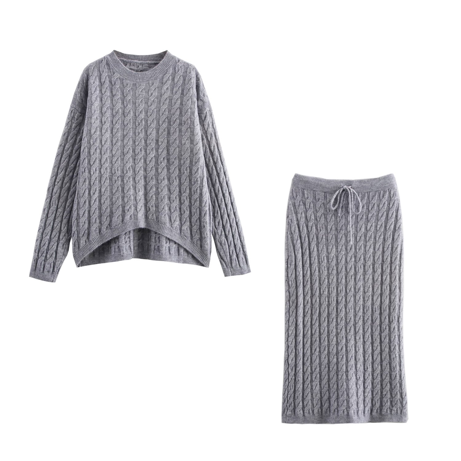 Women Clothing Winter round Neck Cable Knit Pullover Long Sleeve Sweaters Mid Length Skirt Set