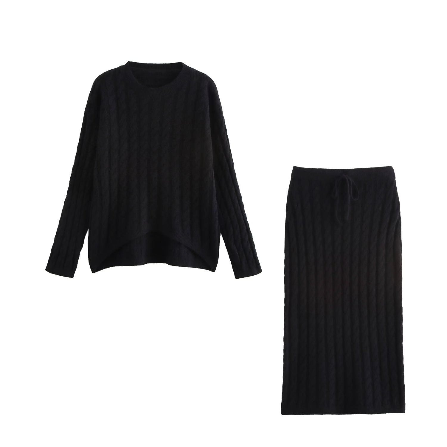 Women Clothing Winter round Neck Cable Knit Pullover Long Sleeve Sweaters Mid Length Skirt Set