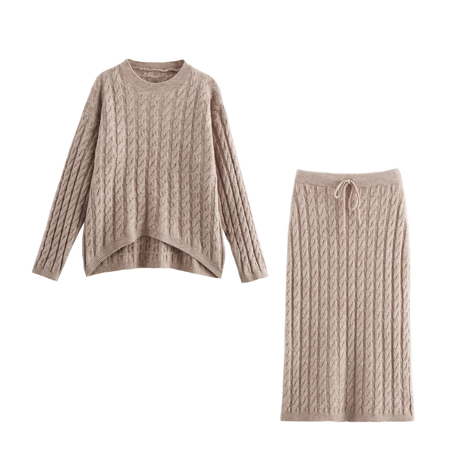 Women Clothing Winter round Neck Cable Knit Pullover Long Sleeve Sweaters Mid Length Skirt Set One Size Oatmeal Color