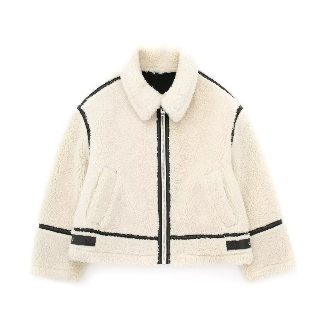 Women Clothing Fur Jacket Collared Contrast Color Casual Warm Jacket Ivory