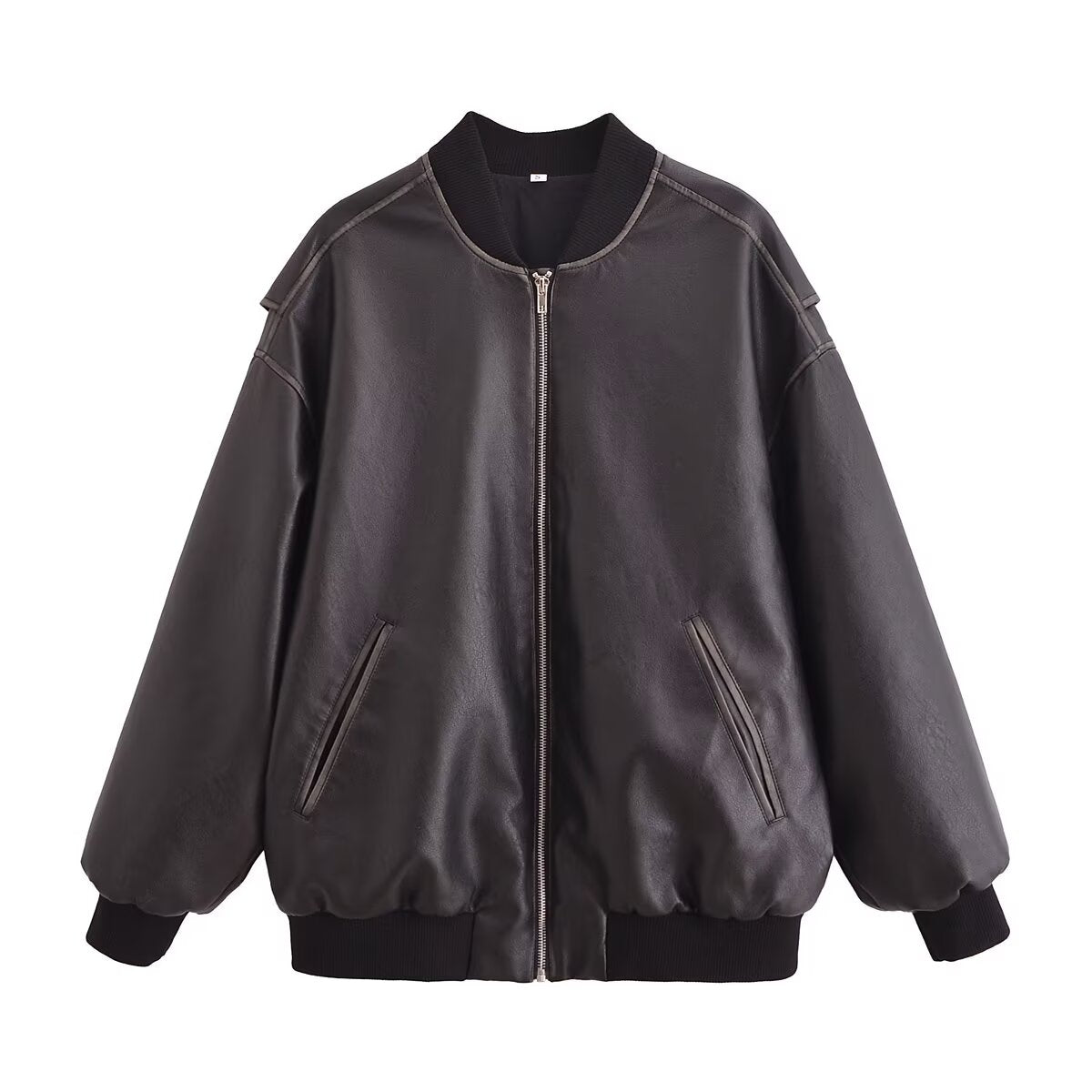 Women All Match Leather Loose Bomber Jacket Dark Grey