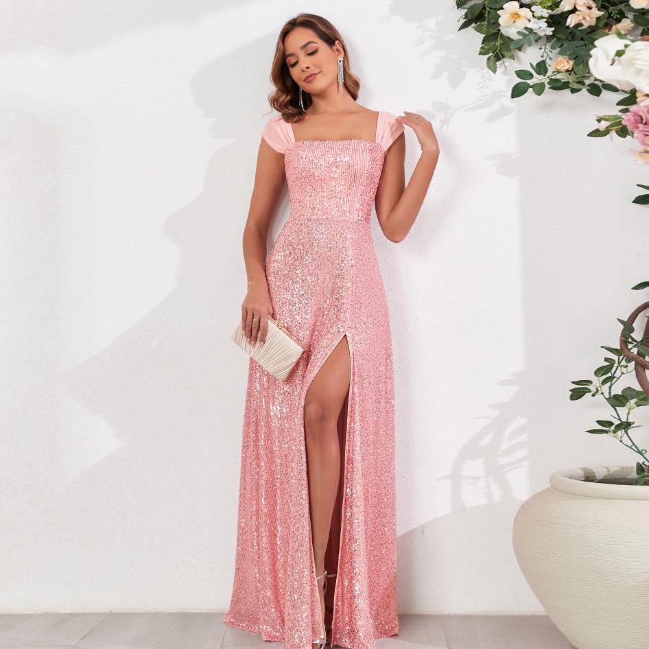 Women Clothing Sequined Dress Sequined Multiple Wear Spaghetti Straps Sleeveless High Slit Sexy Evening Dress