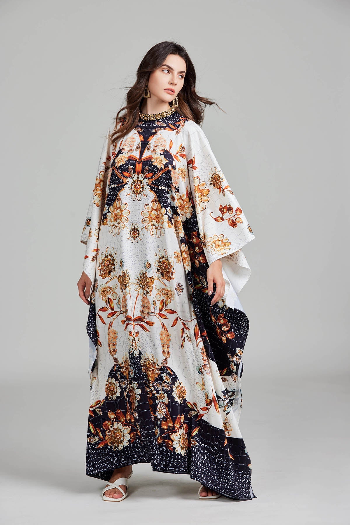 Women Spring Print Floral Crew Neck With Slit Dress