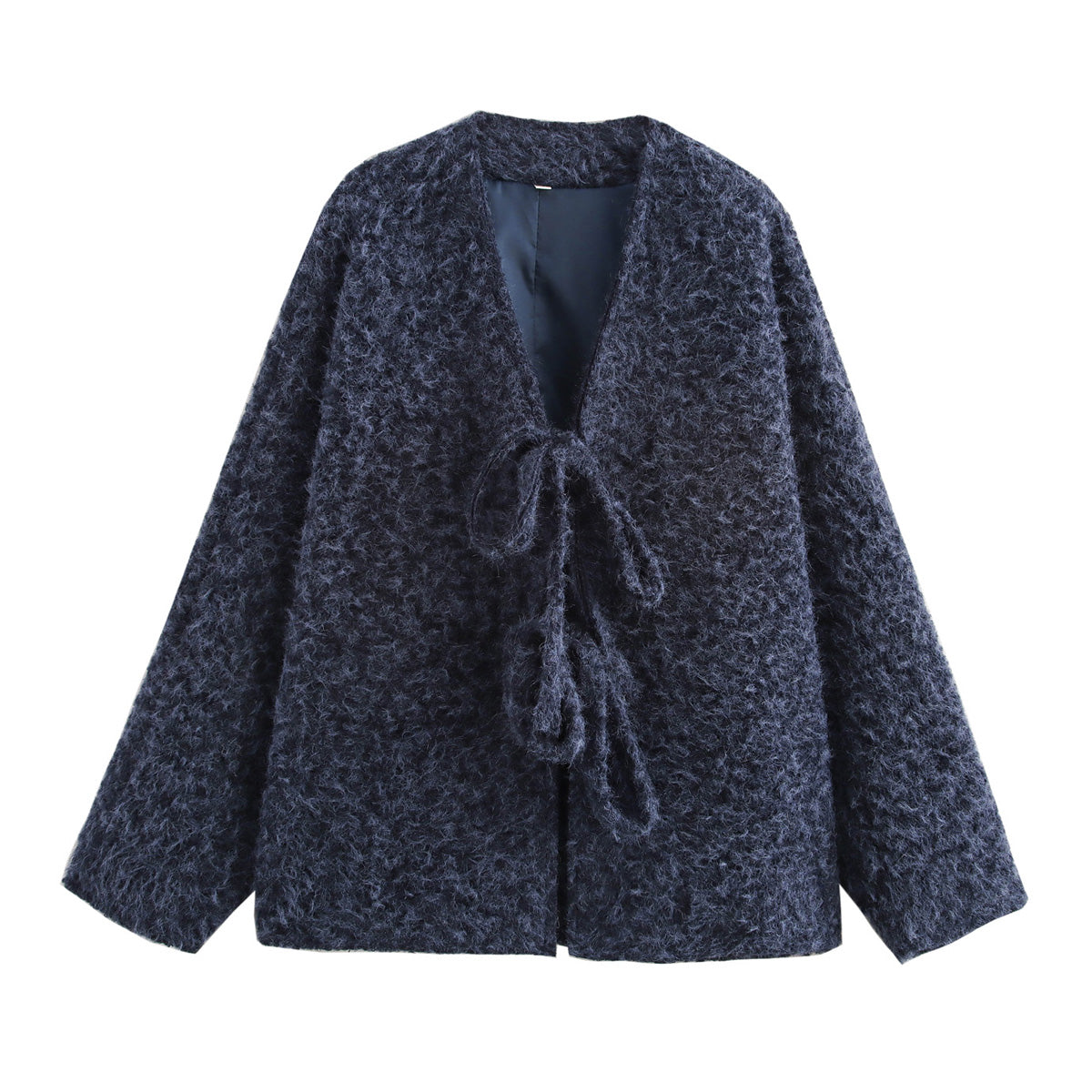 Winter Women Street Four Color Lace up Woolen Coat Navy Blue