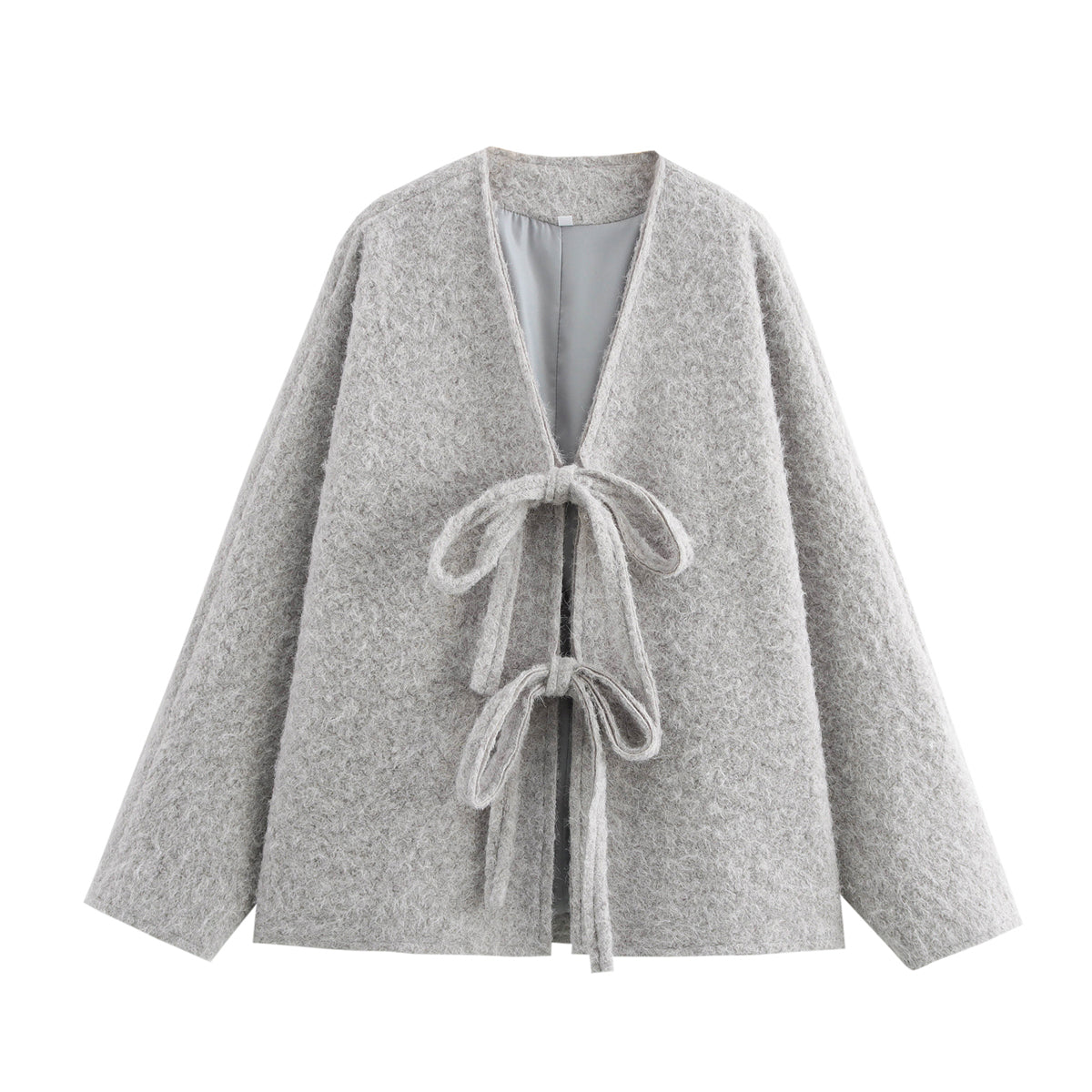 Winter Women Street Four Color Lace up Woolen Coat Light Gray