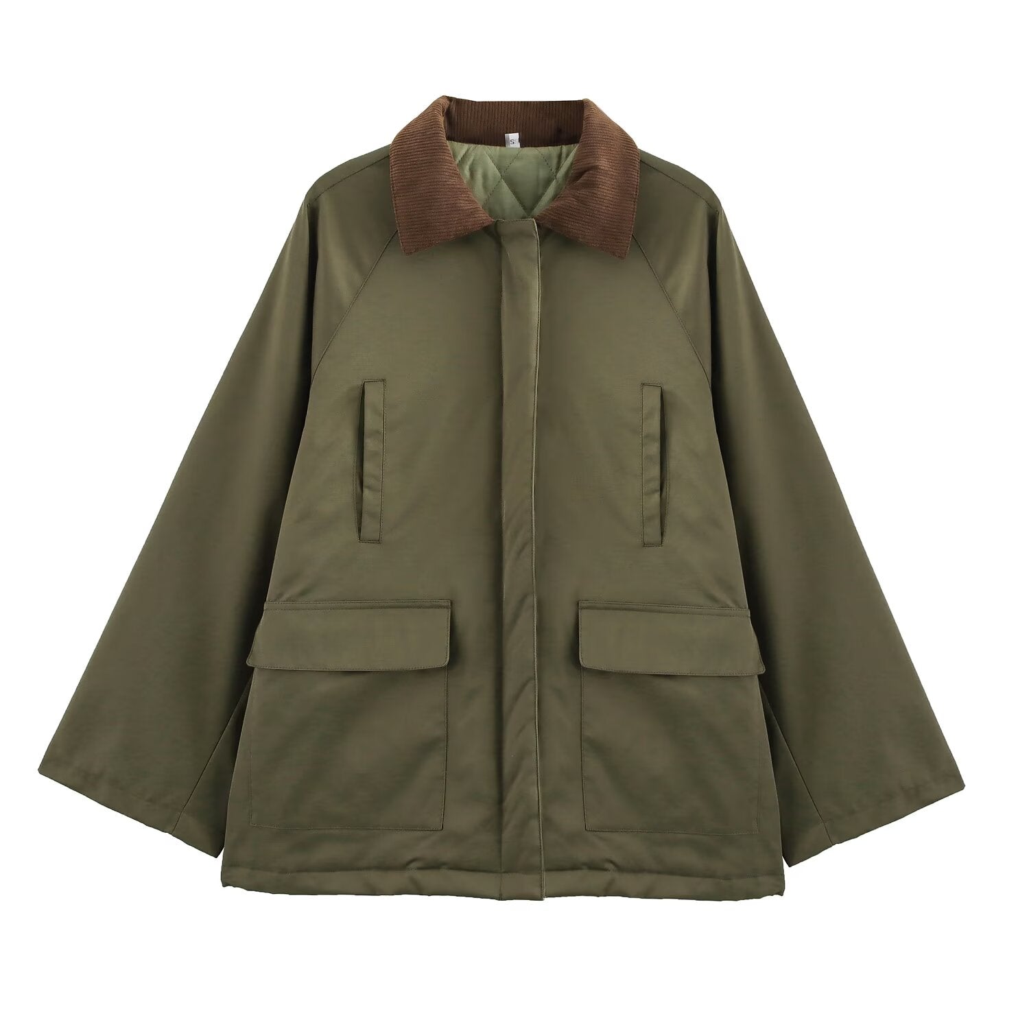 Women Clothing Cotton Padded Coat for Winter Coat Casual Loose Profile Collared Workwear Cotton Coat Army Green