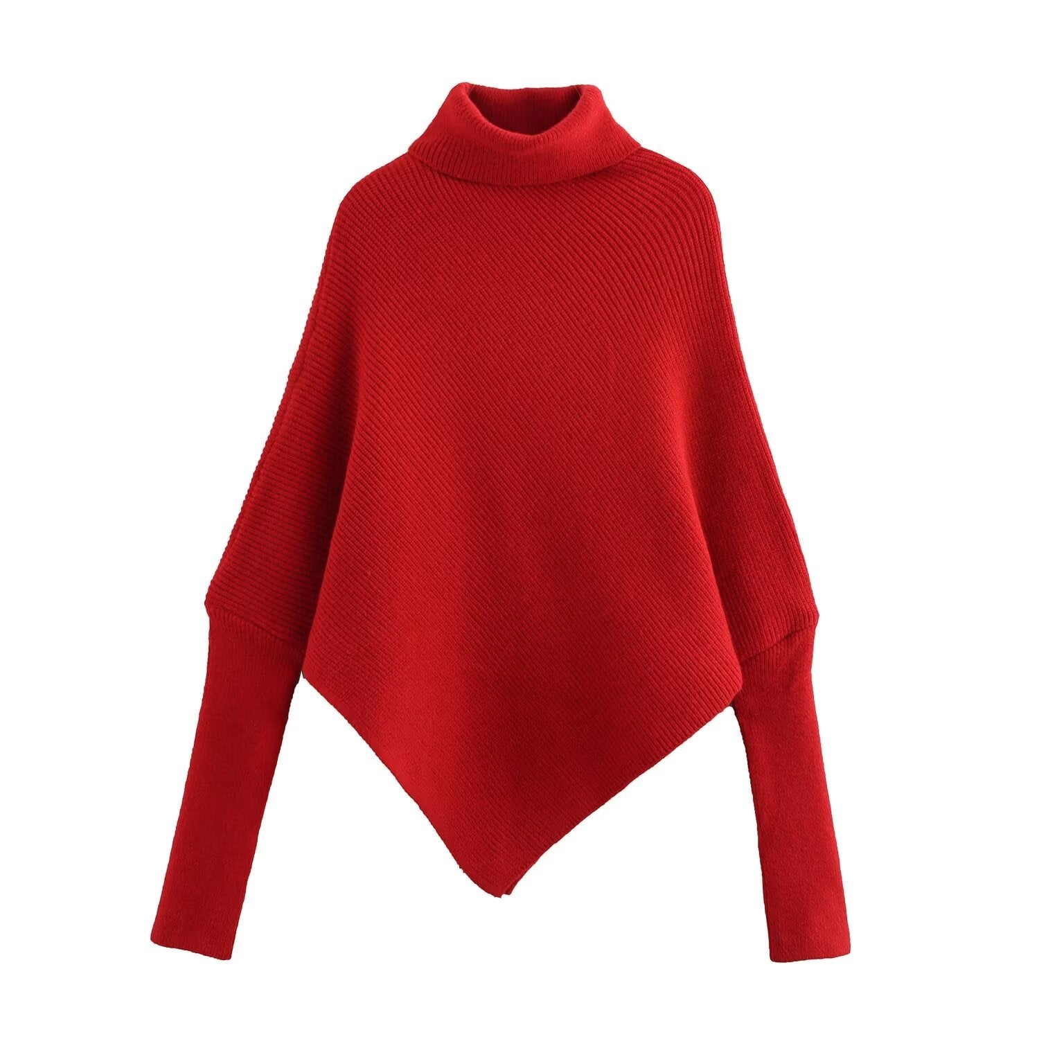 Women Autumn Winter Turtleneck Solid Color Sweater Irregular Asymmetric Hem Long Sleeve Sweater