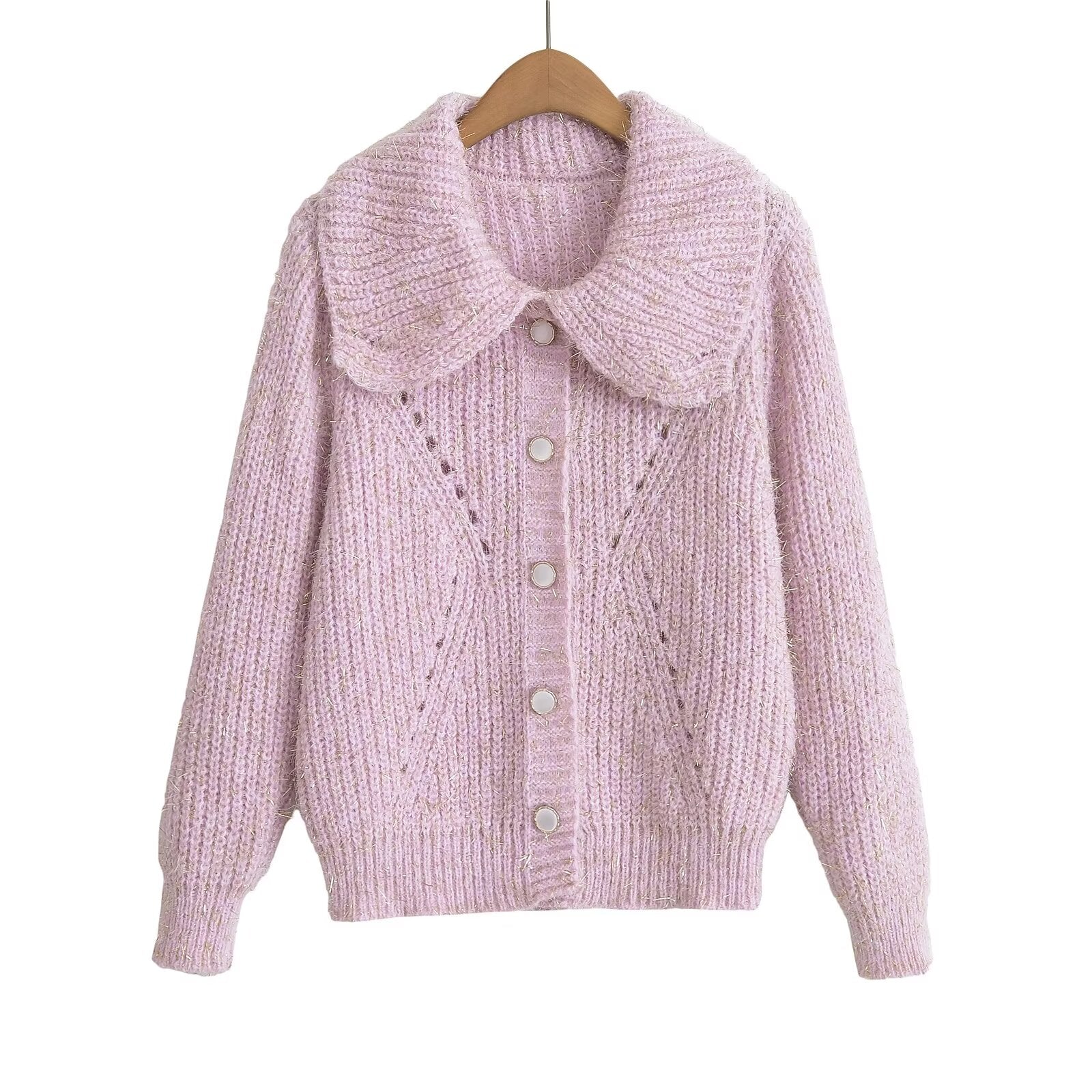 Women Clothing Casual Sweet Elegance Fresh Single Breasted Doll Collar Knitted Cardigan One Size Gentle Purple