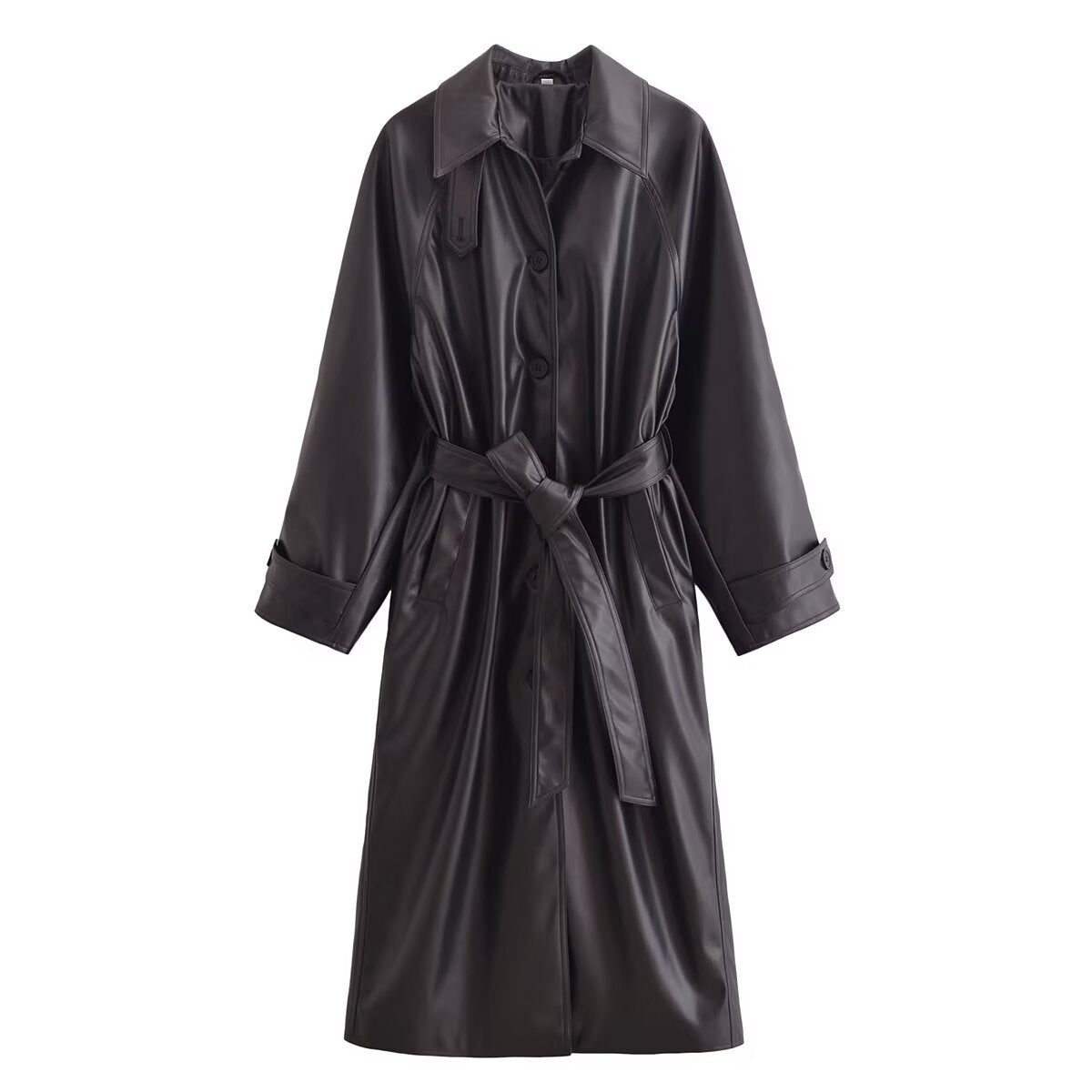 Winter Women Clothing Fashionable Artificial Leather Classic Trench Coat Black