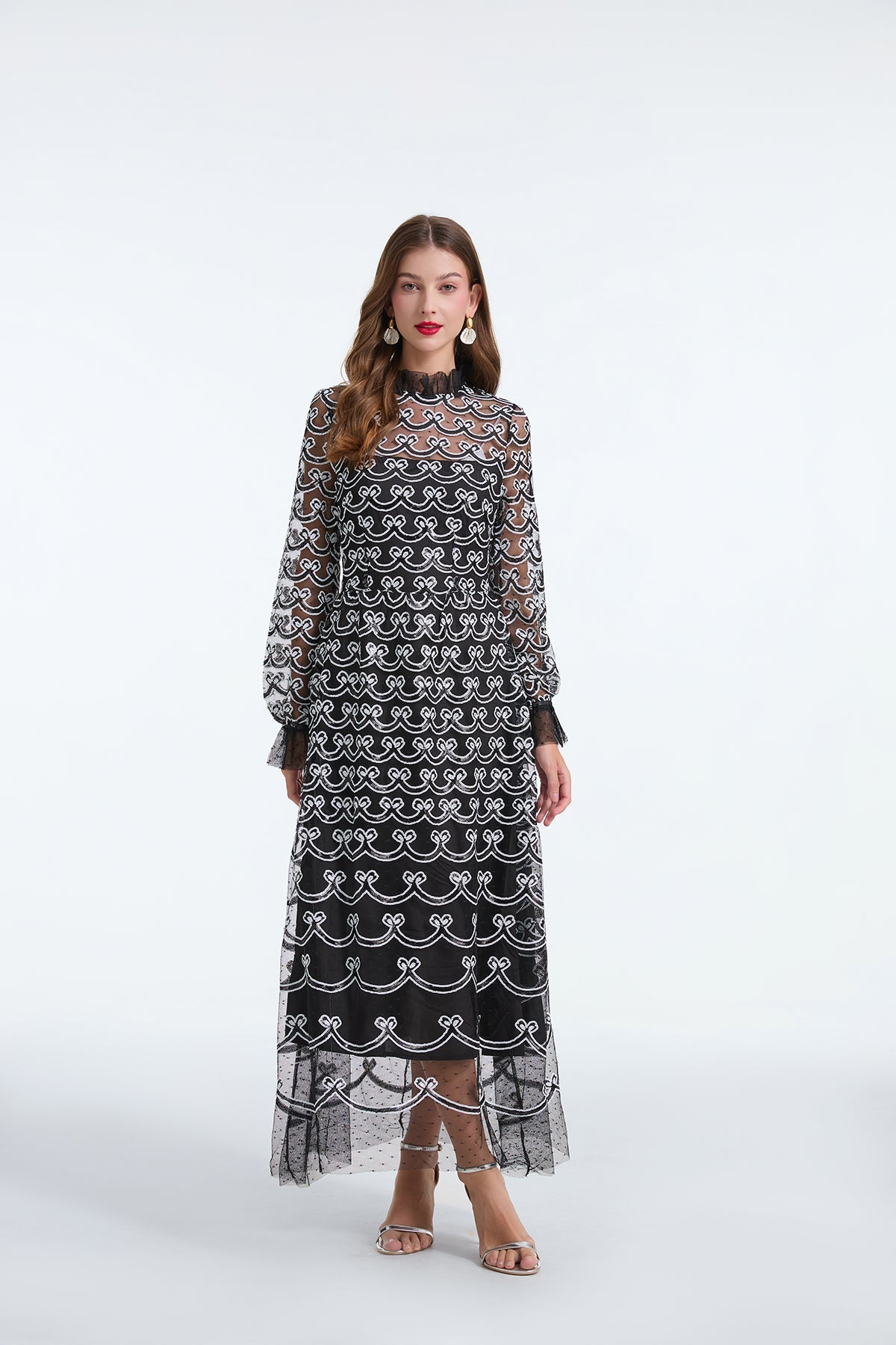 Women Spring And Autumn Long Sleeve Sequin A Line Dress Black