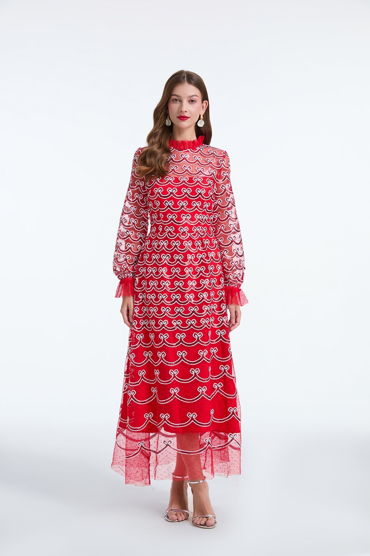 Women Spring And Autumn Long Sleeve Sequin A Line Dress Red