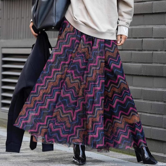 Spring Skirt Red Same Printed Wide Hem Gauzy Skirt