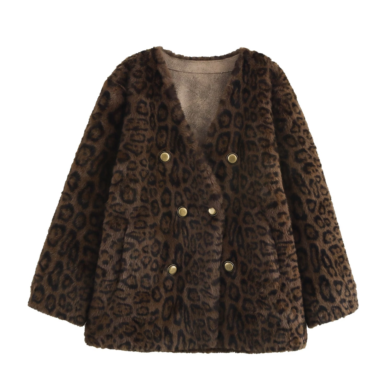 Winter Women Clothing Leopard Print Faux Shearling Jacket V neck Casual Long Sleeve Furry Coat One Size Leopard